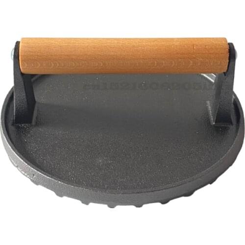 Household Round Striped Meat Pressing Board Cast Iron Steak Plate with Wooden Handle Meat Press Commercial Barbecue Squid Tools