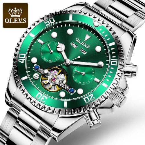Business Green Automatic Mechanical Watch Men Luxury Tourbillon Man Watch Steel Calendar Male Watch Luminous Relogio Masculino