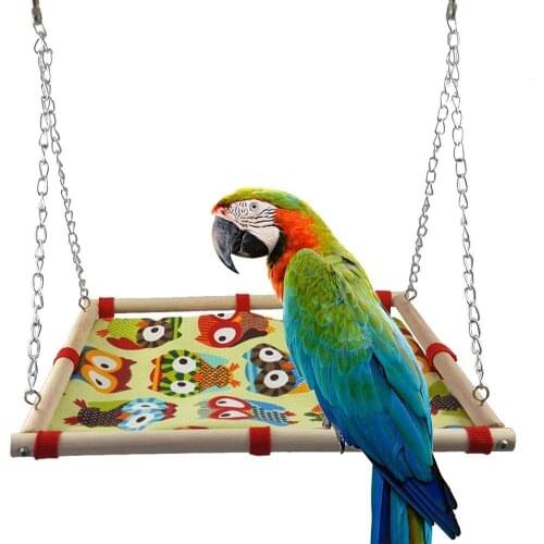 Parrot Swing Hanging Bed Wooden Frame Cartoon Owl Print Canvas Pet Bird Toy for Pet Products Bird Accessories equipment