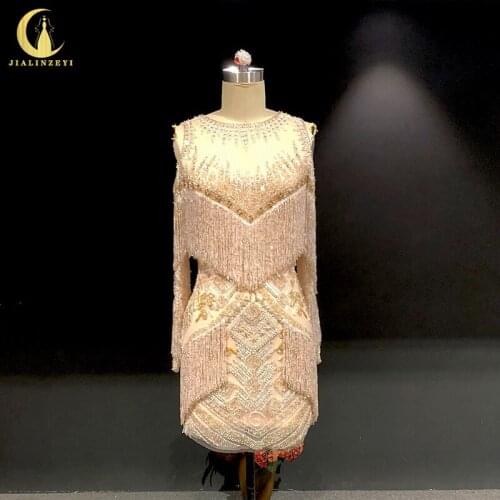 JIALINZEYI Real Rhine long sleeves tassels Pink Beads Luxurious Sexy Party dresses Prom dresses Evening dresses