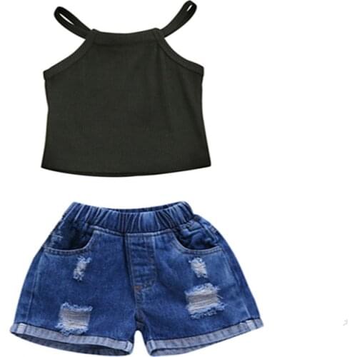 Kids Girls Fashion 2-piece Outfit Set Sleeveless Tops+Ripped Denim Shorts Set for Children Girls