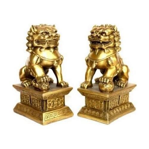 Copper Brass CHINESE crafts Asian Pair of beautiful Old-Style foo dogs/Lions statues