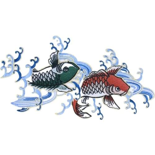 New Chinese Paiting Art Twin Carps Fish Embroidery Patch Nice Applique Iron on Patches for Clothing Animal Women Clothes