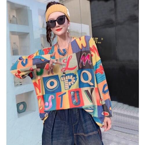 21845 High Street Style Autumn Personality Square Letters Knitted Pullover Loose Thin Sweater Top Tide Outwear