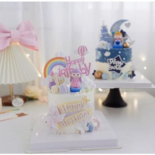 Rainbow Clouds Castle Planet Prince Boys Happy Birthday Cake Topper Princess Girl Kid Party Supplies Pink Love Gifts