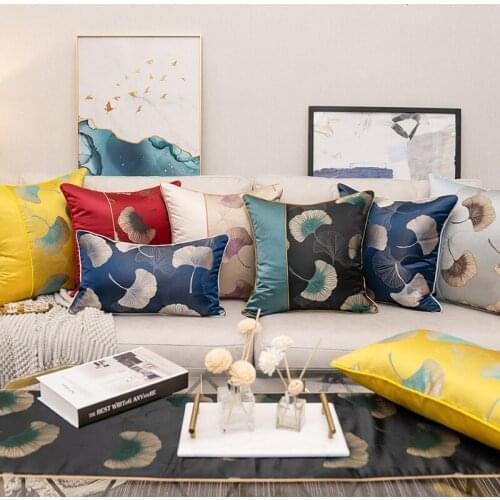 Luxury Delicate Decorative Pillows Case Ginkgo Leaf Embroidered Cushion Cover Black Yellow Blue Modern Sofa Chair Bed Pillowcase