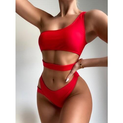 Sexy One Shoulder One Piece Swimsuit Women 2021 Women Solid Red Hollow Out Backless Bathing Suit High Waist Swimwear Monokini