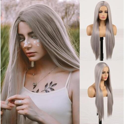 Silky Straight Gray Color Non Lace Synthetic Wig Cosplay Full Machide Made Middle Part with Baby Hair