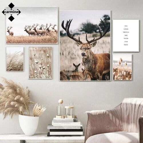 Scandinavian Painting Reed Flower Wall Art Canvas Poster Dead Grass Plant Animal Deer Print Nordic Wall Pictures Home Decoration