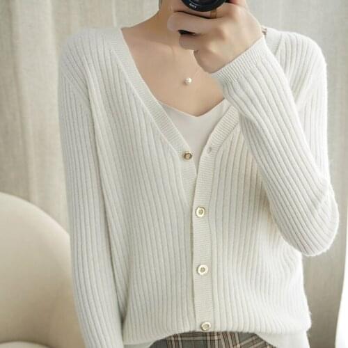 Short V-neck 100% wool sweater womens solid color knitted cardigan long-sleeved jacket cashmere sweater comfortable and warmNew