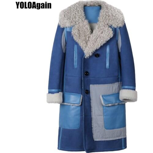 YOLOAgain winter warm women blue long suede leather coat ladies lamb fur shearling jacket