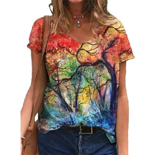 Summer Women T-shirt V-neck Fashion Colorful Print Loose Plus Size Short Sleeve T-shirt Summer Streetwear 2021 блузка женская