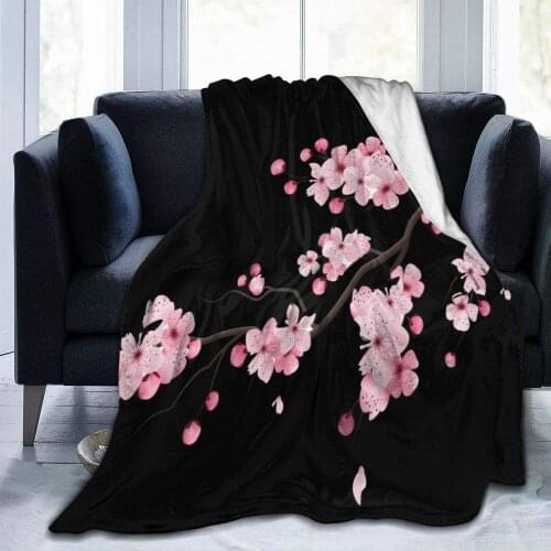 3D Japanese Cherry Blossoms Black Throw Blanket for Kids Baby Soft Fleece Blanket for Adults Men,Twin(60x80)