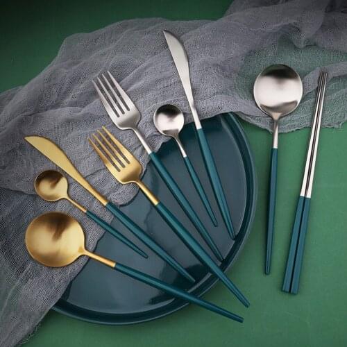 Hot sale matte portuguese style Dark green gold Knife 304 stainless steel fork spoon 4pcs /5pcs set tableware cutlery silverware