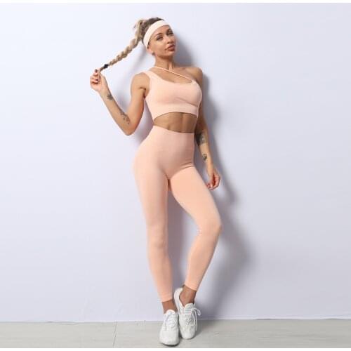 Seamless Women One Shoulder Yoga Set Sleeveless Crop Top High Waist Leggings Workout Shorts Gym Clothing Fitness Sports Suits