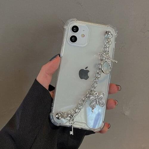 Korea Butterfly Chain Transparent Phone Case For iphone 12 Pro Max 6 7 8 Plus X XR XS Max SE 2020 Clear Protect Cover Bracelet