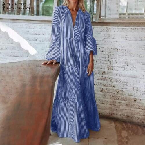ZANZEA Elegant Women Dress 2021 Autumn Ruffle Maxi Vestidos Casual Striped Puff Sleeve Sundress Lady Lace Up Robe Oversize