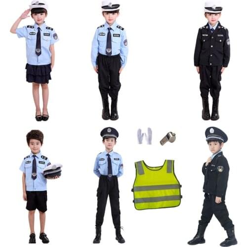 Traffic Policeman Cosplay Costume Performance Clothing Halloween Party Boys Girls Cop Officer Uniform Army Suit Kids Dance Stage