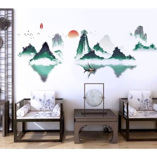 Chinese Style Living Room Study Abstract Landscape Mountain Background Wall Decoration Warm Wall Stickers Self-adhesive