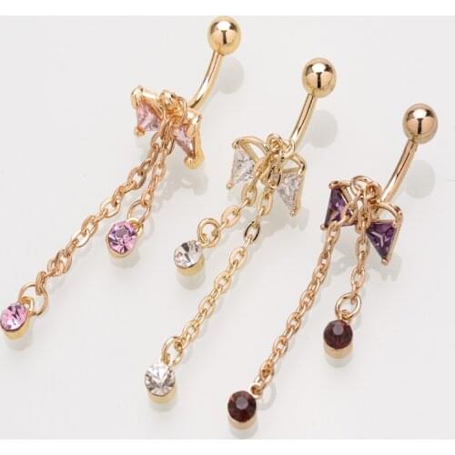 Gold and Silver Color Bow Zircon Navel Ring Stainless Steel Body Piercing Jewelry Sexy Woman Fashion Accessories