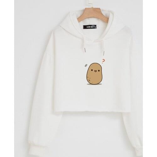 Kawaii Potato Hoodie Aesthetic Y2k Graphic Harajuku Cotton Fleece Sweatshirt Goth Loose Pastel Clothes White Crop Tops for Women