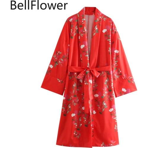 Red Kimono Boho Long Maxi Dress Autumn Women Clothes Floral Printing Bandage Loose Long Sleeve Dress Bulk Items Wholesale Lots