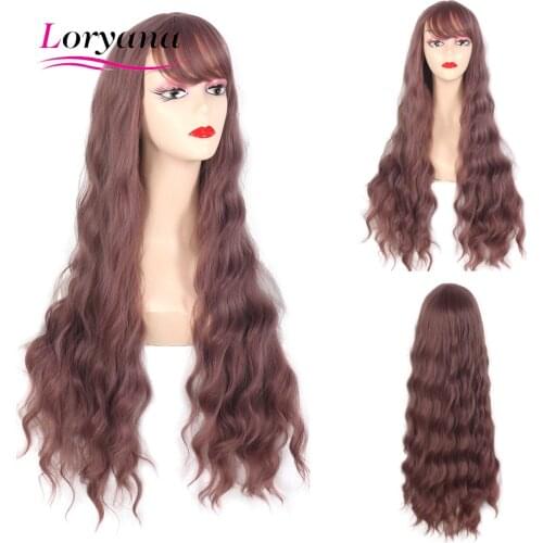 Loryana Long Wavy Wigs Synthetic Wigs Mix Pink Purple Wig with Bangs High Temperature Fiber for Black Women Water Wave Wig