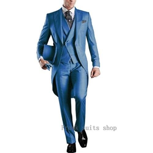 Lake Blue Long Tail Groom Tuxedos Tailor Made 3 Piece Mens Wedding Party Suits Bridegroom Groomsman Suit (Jacket+Pants+Vest)