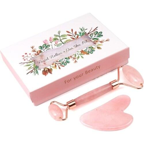 Natural Rose Quartz Jade Roller Face Massager Real Jade Gouache Scraper Facial Massager Jade Facial Roller Set Guasha Board