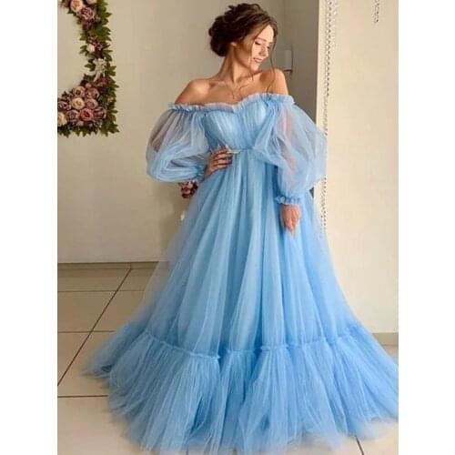 Sky Blue Prom Dresses A-line Off The Shoulder Tulle Dubai Saudi Arabic Robe De Soiree Long Prom Gown Evening Dresses