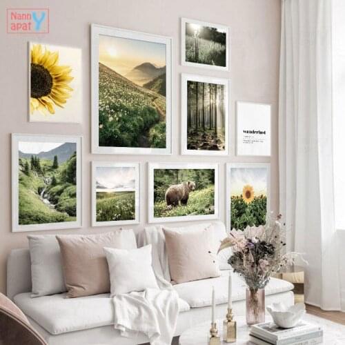 Nature Landscape Canvas Poster Sunflower Grass Sunrise Print Forest Sunbeam Scandinavian Design Wall Art Painting Nordic Picture