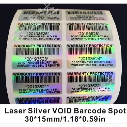 Custom 100pcs 30*15mm Laser Silver Void Barcode Sticker Security Warranty Seal Label Leaves "VOID" If It Is Removed
