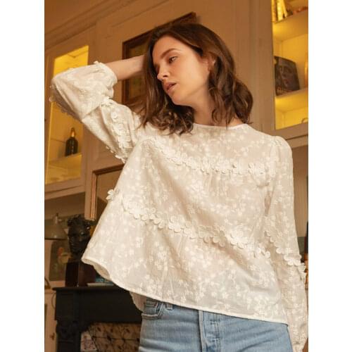 Three-dimensional Flower Embroidery Shirt Autumn Women Elegant Round Neck Patchwork Loose Shirts Tops Casual Ladies Retro Blouse