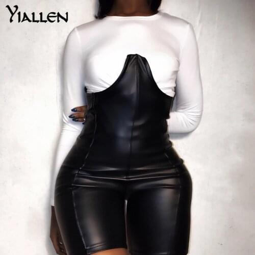 Yiallen Sexy Two Piece Set Women Faux Leather Jumpsuit And Full Sleeve Tops Club Outfits For Women Streetwear 2021 Y2k The New