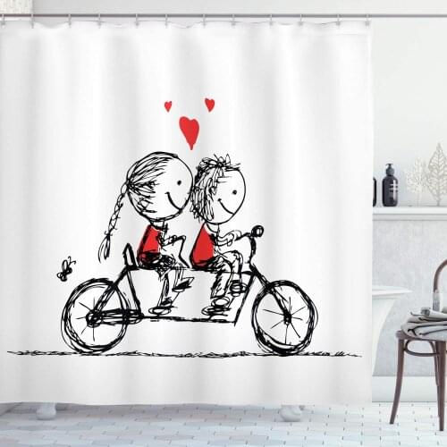 Bicycle Shower Curtain Children Love Couple Cycling Together Soul Mates Valentines Sketchy Print Bathroom Decor Set with Hooks