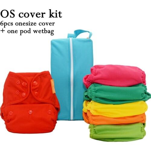 Happy Flute OS Baby Cloth Diaper Cover Kit With 6 Pieces Plain Covers Plus One Pod Wetbag