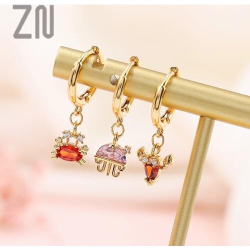 ZN Fashion Jewelry Ocean Animal Gold Plated Ear Accessories Marine Organism Jellyfish Lobster Crab Seahorse Shaped Drop Earrings