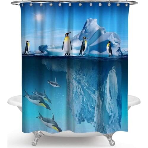 Waterproof Mildew Resistant Bath Shower Curtain Blue Frozen Antarctic Glacier Penguin Polyester Bathroom Shower Curtain