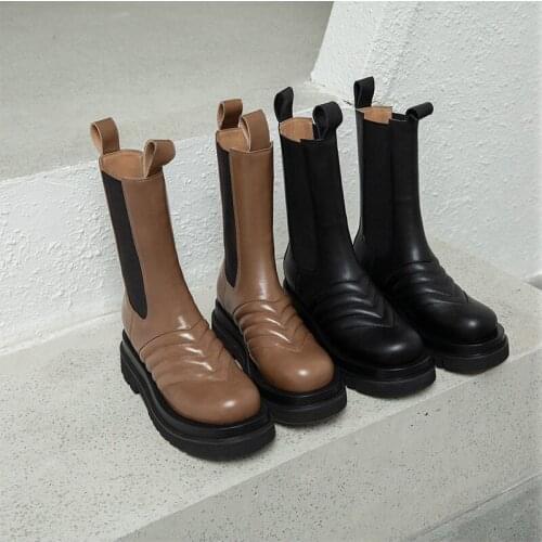 Goth Platform Shoes Real Leather Sweing Round Toe Slip on Fur Boots Autumn Women Design Brand Women Combat Boots Women Shoes