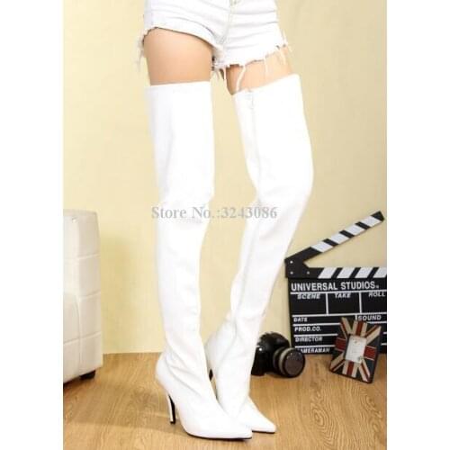 Women Sexy 10cm Stiletto Heel Long Boots Fashion Pointed Toe Patent Leather Black White Red Color Over the Knee Boots Lady