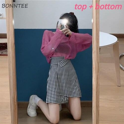 Two Pieces Women Sets Knitting Hollow Out Shirts and Plaid Skits Irregular Korean Style Chic Popular Summer Cozy Trendy Elegant