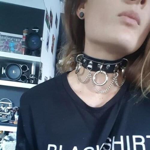 New Fashion Punk Metal Chain Adjustable Women Rivet Faux Leather Choker Necklace Collar