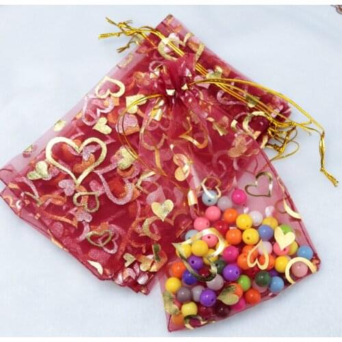 100pcs 7x9cm Drawable Organza Bags Heart Dark Red color Wedding Christmas Gift Bag Jewelry Packaging Bags Pouches