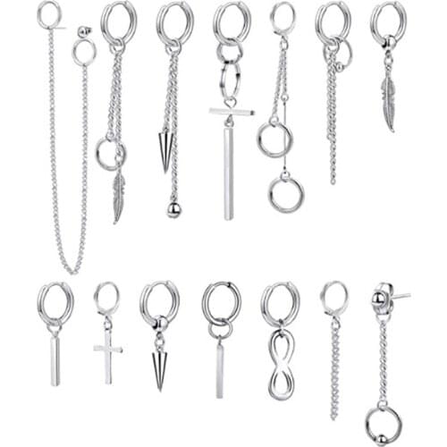 14 pcs/set KPOP DNA Korean Earrings Stainless Steel Chain Feather Idol Men Women Rock Grunge Hipster Punk Stud Earrings Unisex