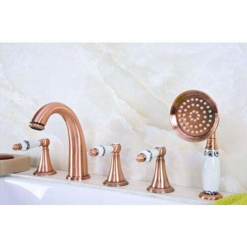 Antique Red Copper Brass Widespread Three Handles Deck Mounted 5 Holes Bathroom Tub Faucet Mixer Tap With Handshower mtf207
