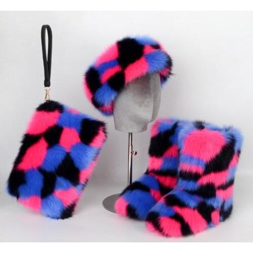 Fashion Winter Womens Outdoor Cotton Warm Snow Boots Ladies Cold Proof Furry Imitation Fur Boots Girls Plush Faux Fur Shoes