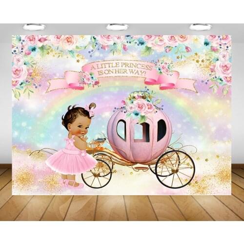 Little Princess Baby Shower Backdrop Floral Newborn Party Background Pink Pumpkin Carriage Photocall Rainbow Pastel Gold Star