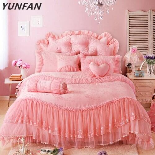 2019 Pink Jacquard wedding bedding sets 4pcs queen king size duvet cover set lace luxury bedlinen bedspread princess bedclothes