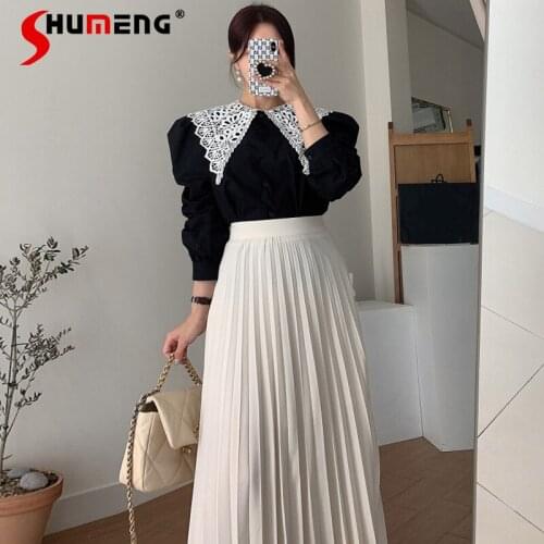 Korean Chic Lightly Mature Hollow Crocheted Puff Sleeve Shirt High Waist Slimming Draping Pleated Skirt Long Skirt