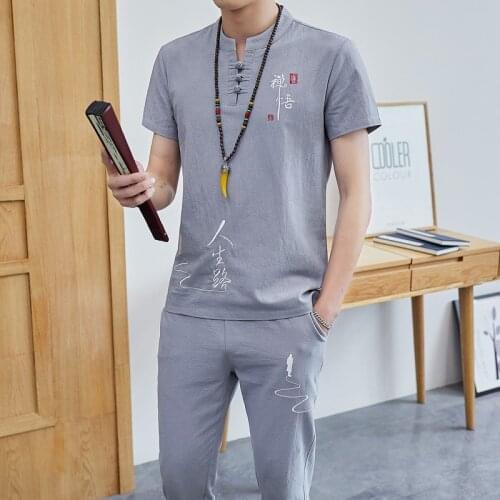 Chinese Style Zen Zen Life Road Short Sleeve 5 Cent Pants Suit T - Shirt Male Youth Student Cotton Linen Suit M-5XL